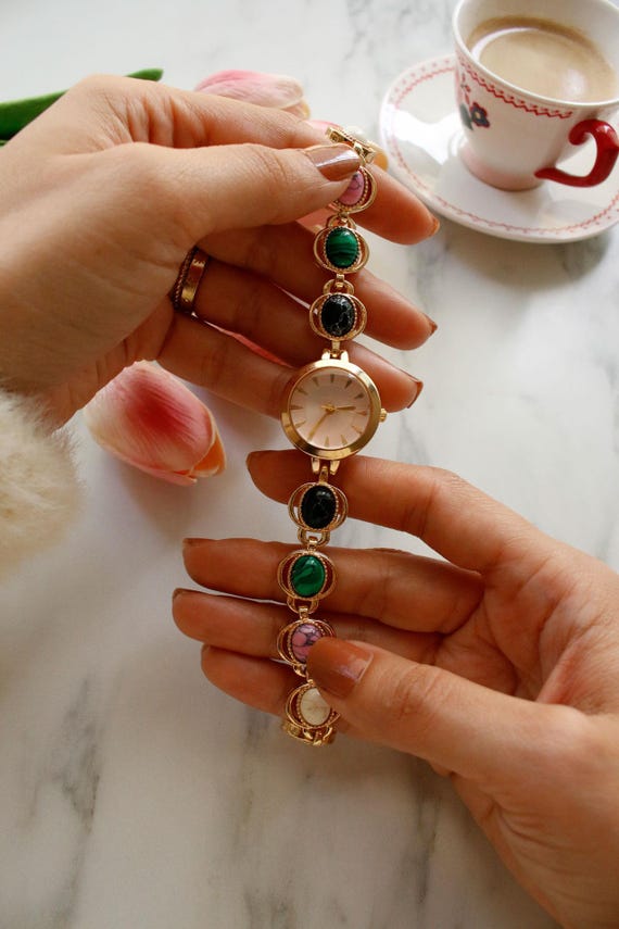 Albues Multicolored Stone Watch, Gold-Tone Vintage Style Link Bracelet Wristwatch, Bohemian Jewelry Gift for Her Anniversay Valentine Mother