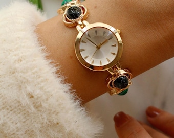 Albues Multicolored Stone Watch, Gold-Tone Vintage Link Bracelet Wristwatch, Bohemian Gemstone Jewelry Gift for Her Anniversay Valentine Mom