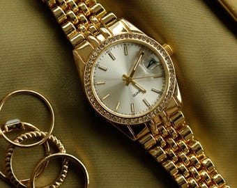 Belos Gold-Tone Women's Watch, Pave Bezel Diamond Accent Wristwatch, Elegant Statement Timepiece Gift Anniversay Girlfriend Mother Mom