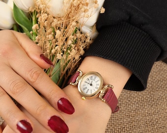 Gold-Tone Oval Watch, Burgundy Leather Strap, Roman Numeral Wristwatch