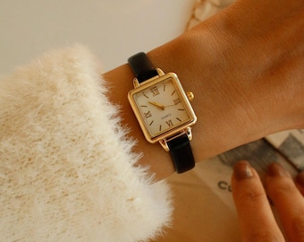 Gold Square Watch, Minimalist Black Leather Strap Wristwatch for Women, Vintage Roman Numeral Gift Valentine Anniversay Girlfriend Mother
