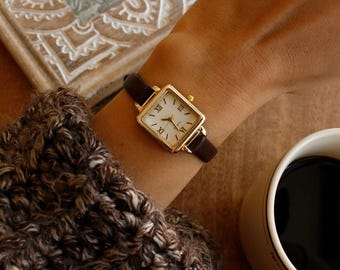 Gold Square Watch, Dark Brown Leather Strap Wristwatch for Women, Vintage Roman Numeral Tank Style Gift Anniversay Girlfriend Valentine Mom