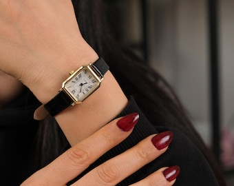 Oval Bangle Watch for Women - Roman Numeral Dial with Crystal Bezel or Minimalist Finish - Vintage Gold Cuff Wristwatch Gift Girlfriend Mom