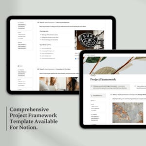 May include: Two black tablets displaying a project framework template and a meeting workflow. The text reads "Comprehensive Project Framework Template Available For Notion." A white "N" logo is in the upper right.
