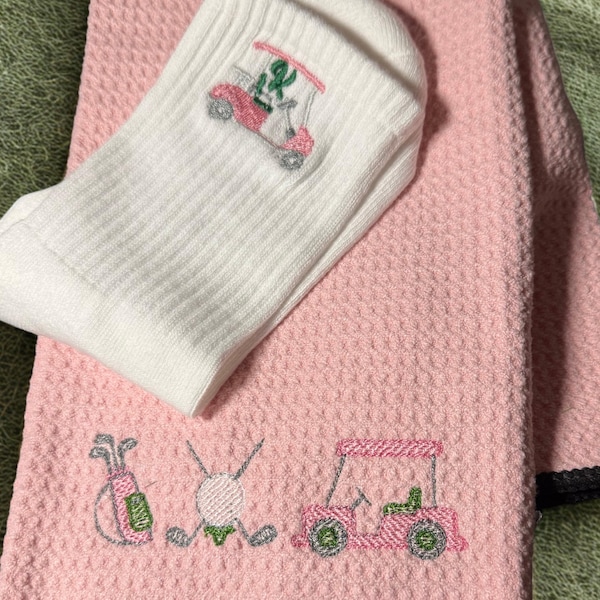 Women's Golf Gift Set* Pink Golf Towel and Embroidered Socks * Cute Golf Cart Design * Golf Accessories foro Women * Golf Gift for Her