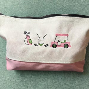 Personalized Golf Pouch for Women - Pink Golf Makeup Bag - Embroidered Golf Clubs, Ball and Cart = Golf Gift for Her - Cute Golf Accessories