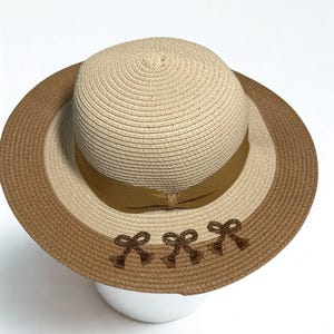 Wide Brim Straw Sun Hat: Embroidered Bows & Brown Ribbon - Cottagecore