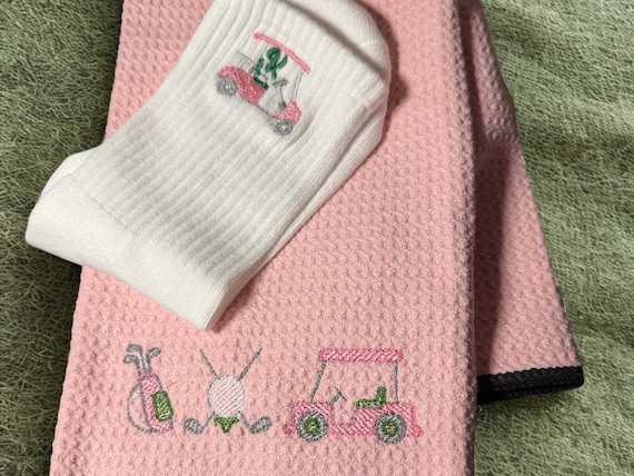 Women's Golf Gift Set* Pink Golf Towel and Embroidered Socks * Cute Golf Cart Design * Golf Accessories foro Women * Golf Gift for Her
