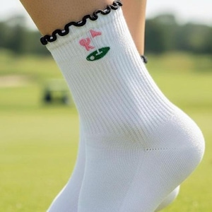 Embroidered Golf Flag Socks: Ruffle Trim, Personalized Cotton Socks