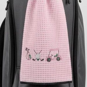 Pink Golf Towel for Women - Embroidered Golf Clubs, Ball, Cart - Waffle Golf Towel - Golf Gift for Her - Cute Golf Accessories - Golfer Gift