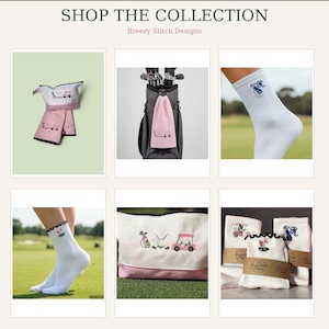 May include: Collection of golf-themed accessories, including a pink and white cosmetic bag, a golf towel, and white socks with embroidered designs. The image also features a golf bag with clubs and a golf cart.