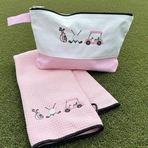 Golf Gift Set for Women - Pink Golf Towel and Makeup Bag - Embroidered Golf Design - Personalization Golf  - Cute Golf Accessories for Her
