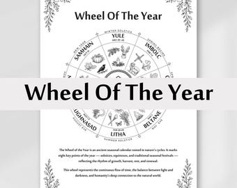 Wheel of the Year 2026 Printable | Pagan Calendar | Witchy Seasonal Wheel | Black & White Line Art