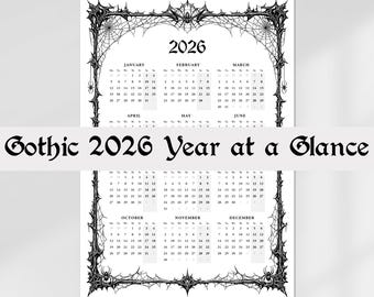 2026 Gothic, Year at a Glance Calendar Printable | One Page Full Year | Witchy Vintage Style Yule | A4, A3, US Letter