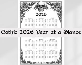 2026 Gothic Calendar Printable for Home – Skull and Botanical Wall Art, Dark Vintage Style (Digital Download)