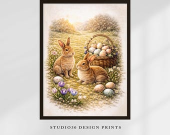 Ostara Easter Bunny Wall Art Printable,  Spring Equinox Decor, Vintage Rabbit Illustration, Cottagecore Spring , Egg Basket Prin