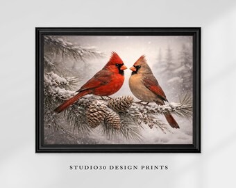 Cardinal Birds Wall Art Print – Northern Cardinal Couple, Symbol of Love & Loyalty, Vintage Rustic Winter Decor, Valentine’s Day Gift