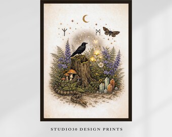 Witchy Raven & Snake Wall Art – Vintage Wiccan Pagan Forest Print, Mystical Botanical Illustration, Celtic Rune Decor