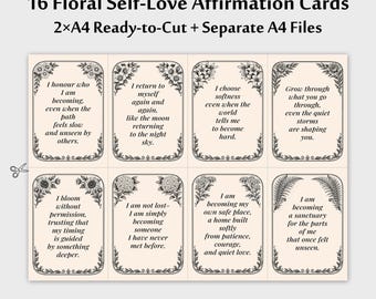 16 Self Love Affirmation Cards Printable • Floral Vintage  • A4 Poster + 2x A4 Ready-to-Cut Sheets • Witchy Botanical Wall Art