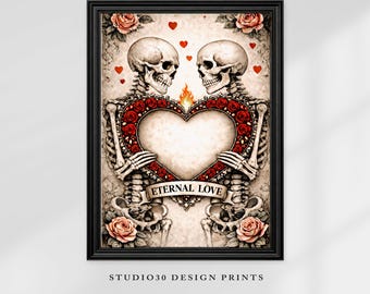 Gothic Skeleton Couple Art Print – Dark Romantic Valentine Decor (Digital Download)