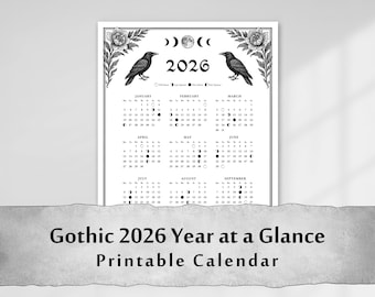 2026 Lunar Calendar Printable for Rituals & Intentions – Gothic Moon Phase Year at a Glance with Ravens