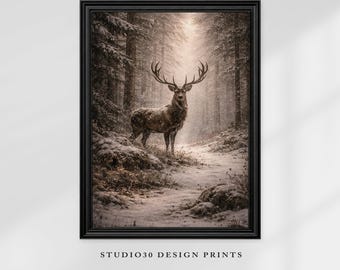 Mystic Winter Forest Print, Deer Spirit, Woodland Nature Art (Digital Download)