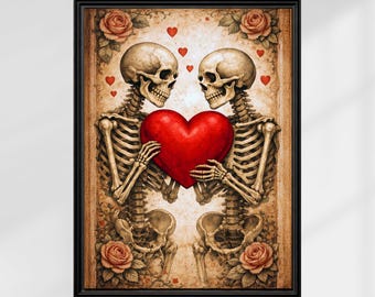 Gothic Vintage Anti Valentine Skeleton Art Print | Dark Romance Skull Couple Poster | Printable Valentine Wall Art | Gothic Love Decor