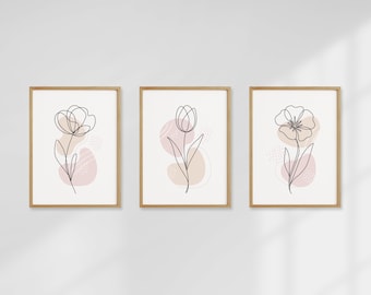 Beige and Pink Botanical Line Art Prints - Set of 3, Bedroom Prints  (Digital Download)
