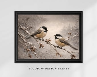 Chickadee Bird Print Printable for Winter Home Decor – Vintage Cottagecore Illustration, Cozy Wall Ar
