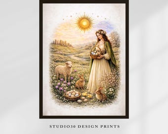 Ostara Spring Art Print, Easter Bunny Wall Art, Pagan Spring Equinox Decor, Cottagecore Vintage Illustration, Nature Goddess Printable