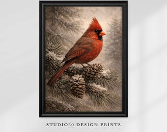 Northern Cardinal Bird Art Print – Vintage Rustic Winter Wall Art, Symbol of Hope & Love, Cottagecore Nature Decor