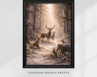 Spirit Deer Winter Forest Print, Pagan Woodland Animals Art (Digital Download)