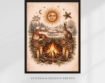 Winter Vintage Solstice Art Print – Yule Fire & Woodland Spirits Digital Download