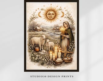 Imbolc Wall Art – St Brigid’s Cross Pagan Print, Yule Ostara Easter Symbolism, Wiccan Wheel of the Year Decor
