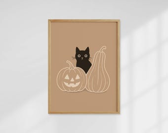 Black Cat Halloween Print: Minimalist Pumpkin Wall Art Earthy Colors(Digital Download)