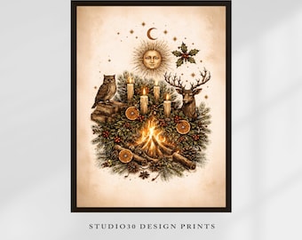 Pagan Winter Solstice Wall Art | Yule Altar Decor | Witchy Vintage Illustration | Printable Digital Download