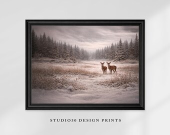 Winter Deer Couple Print, Rustic Woodland Landscape, Vintage Nature, Neutral Forest Decor, Cottagecore Wall Art, Digital Download