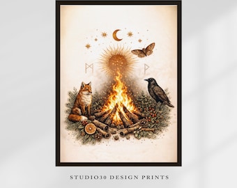 Winter Solstice Wall Art Printable, Yule Bonfire Fox Raven Pagan Decor, Nordic Mythology Art, Witchy Protection Symbol, Digital Download
