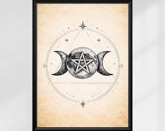 Triple Moon Pentagram Wall Art, Pagan Witch Decor, Lunar Symbol Print, Sacred Geometry Poster, Vintage Wiccan Illustration