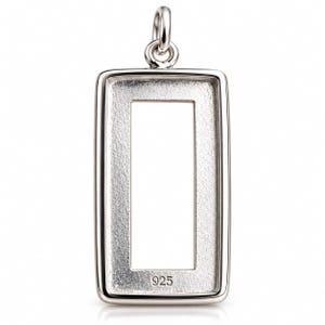 May include: A rectangular silver pendant featuring a smooth, polished outer frame and a textured, recessed inner border. The pendant includes a circular bail at the top for attachment and is clearly stamped with the number 925 at the bottom.