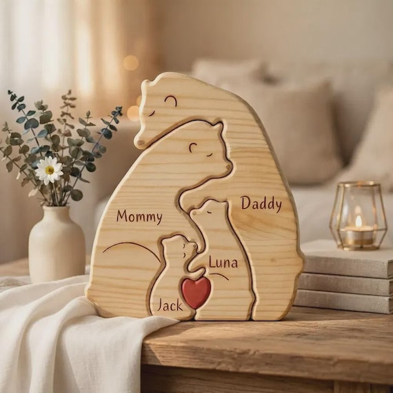 Custom-engraved wooden bear family puzzle where each bear represents a family member — rustic, tactile, and genuinely displayable home décor.