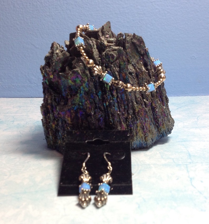 OOAK Sterling Silver and Opal Bracelet with Matching Earrings