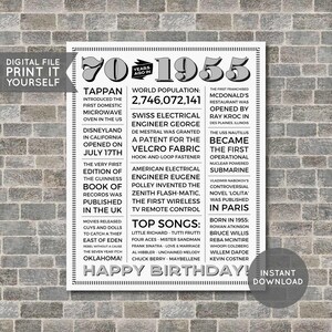 70er Geburtstag Poster, 70er Zeitungsposter, 70er Geburtstag Schild, 1955 Poster, 1955 Fakten, Zurück in 1955, PRINTABLE - DIGITAL DATEI