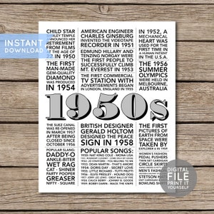 1950s in Review | Back to the 50s Printable | 50s Decade Party Decoration | Fifties Party | Trivia Poster Sign | DIY INSTANT DOWNLOAD