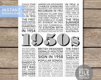 1950s in Review | Back to the 50s Printable | 50s Decade Party Decoration | Fifties Party | Trivia Poster Sign | DIY INSTANT DOWNLOAD