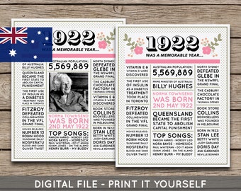 Australian - 100th Birthday Poster Personalised, 1922, Poster, Newspaper, 100 Years Ago, 100th Birthday Gift, Floral, Digital Printable File