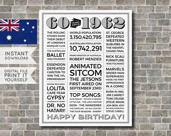 Australian - 60th Birthday Poster, 1962 Poster, 1962 Birthday, Newspaper, 60 Years Ago, 60th Birthday Gift, Digital Printable File