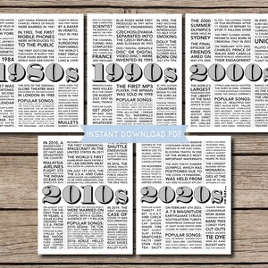 1920s to 2020s 100 Years Decades in Review Birthday Party Decor Trivia History Facts Printable PDF INSTANT DOWNLOAD image 3