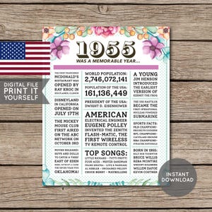 USA - 70er Geburtstag Poster, 1955 Poster, Zeitung, 70 Jahre her, 70.Geburtstag Geschenk, Floral, Blumen, Digitale Druckbare Datei