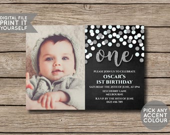 DIGITAL FILE - First Birthday Invite Invitation - Blue & Silver Glitter Confetti Chalkboard - DIY - Print Yourself